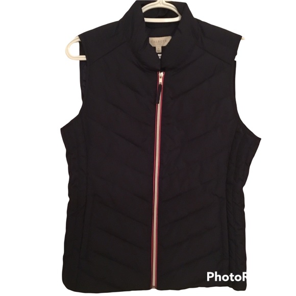 Talbots dark blue lightweight puffer vest with pink trim on zipper - Picture 2 of 10